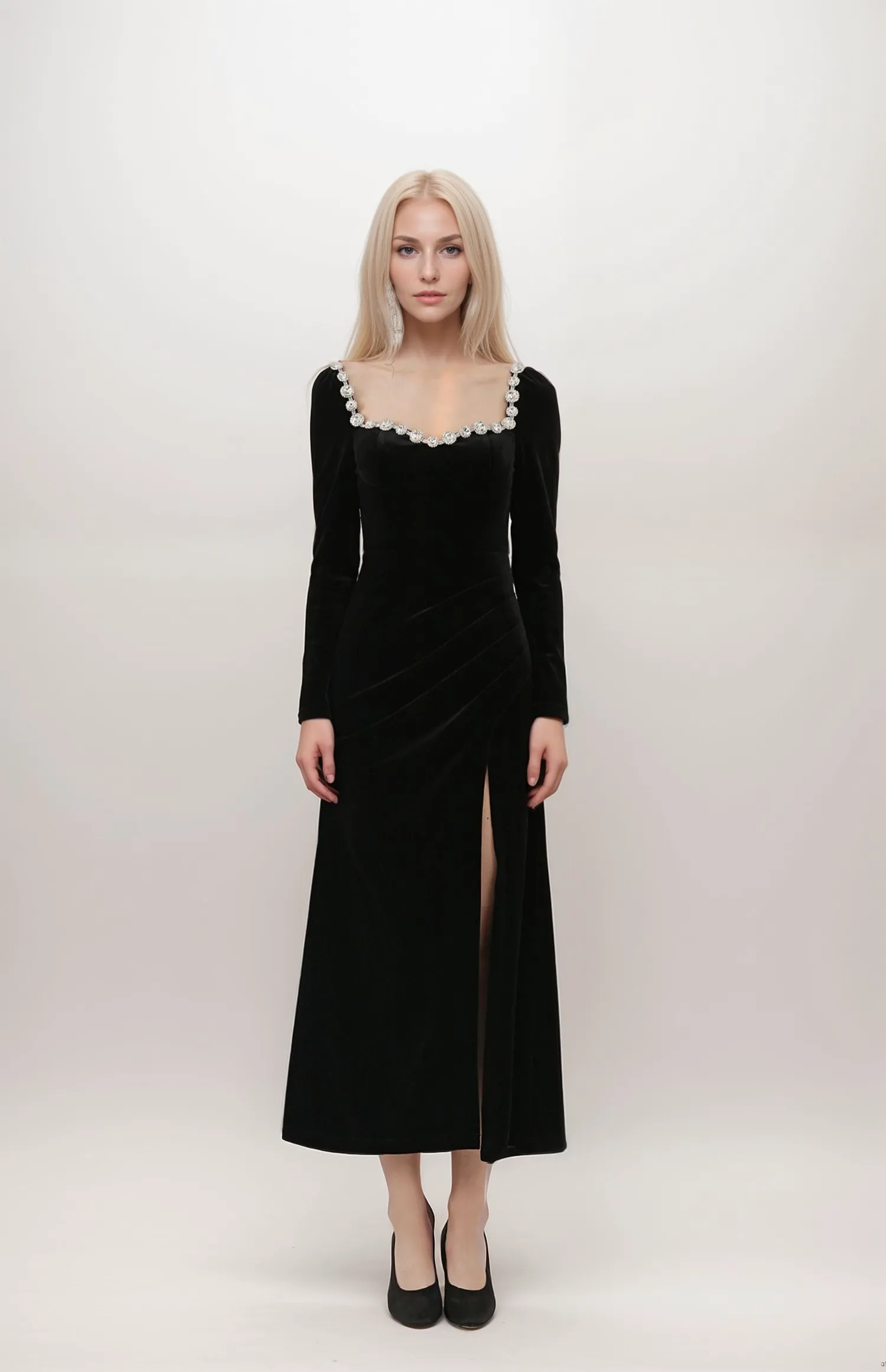 Crystal Beaded Velvet Dress with Sweetheart Neckline & Thigh Slit