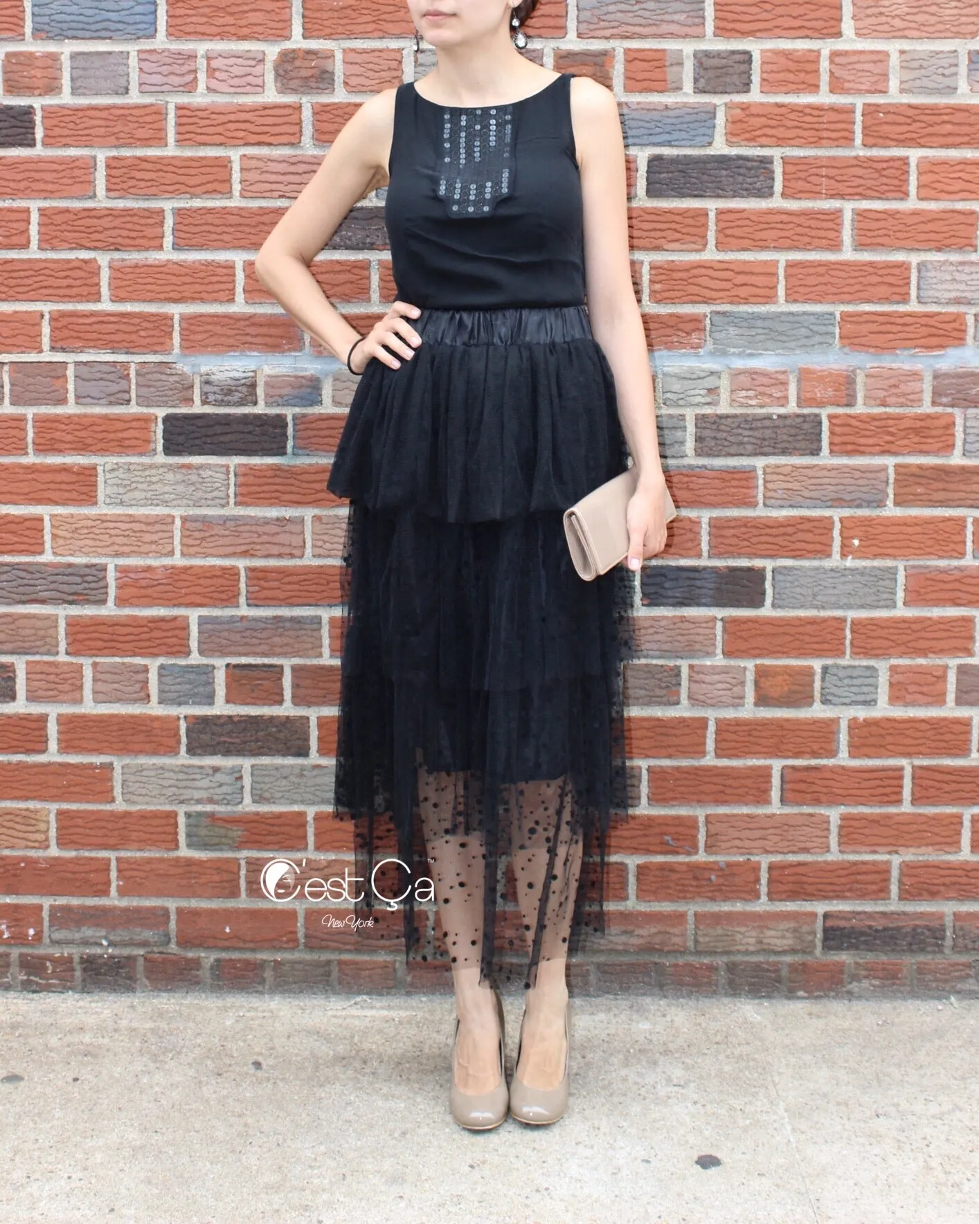 Crystal Black Polka Dot Tiered Tulle Skirt - Maxi / Tea Length