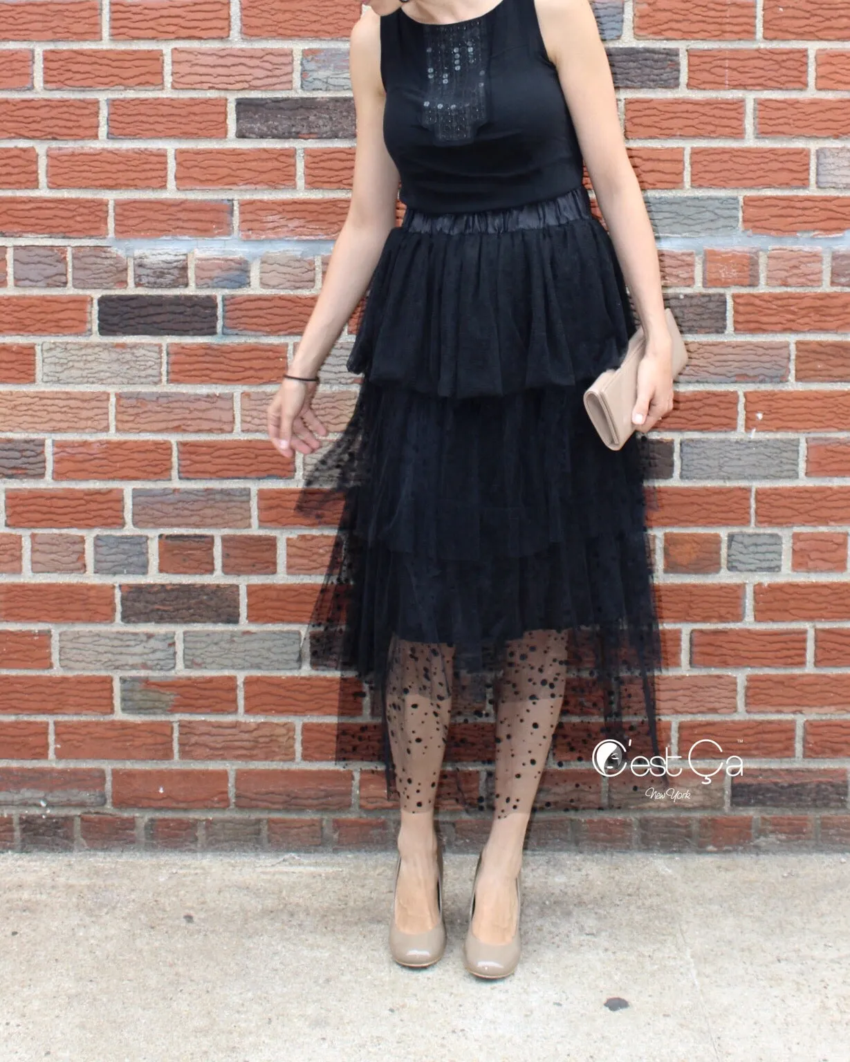 Crystal Black Polka Dot Tiered Tulle Skirt - Maxi / Tea Length