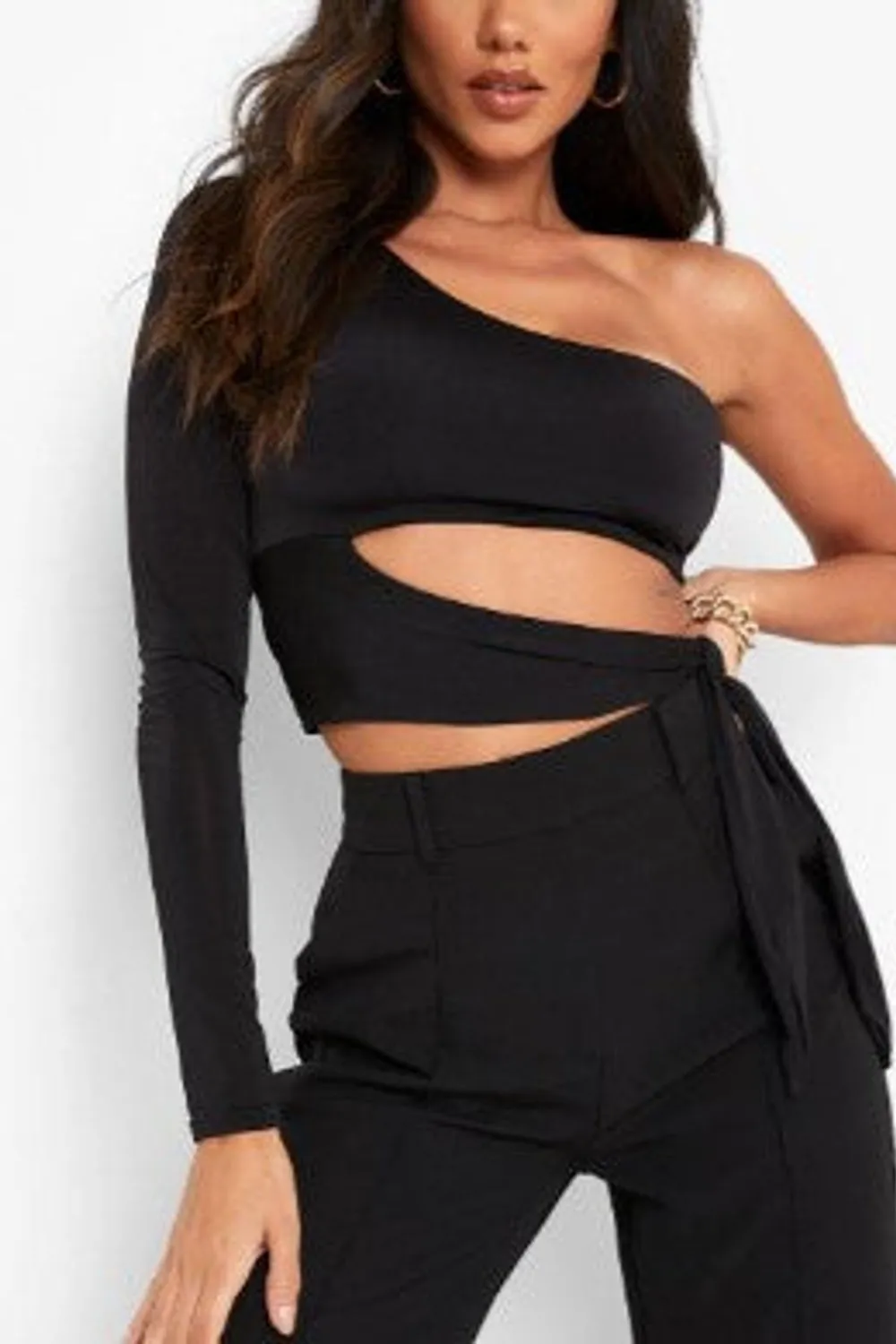 Double Layer Slinky One Sleeve Wrap Crop Top