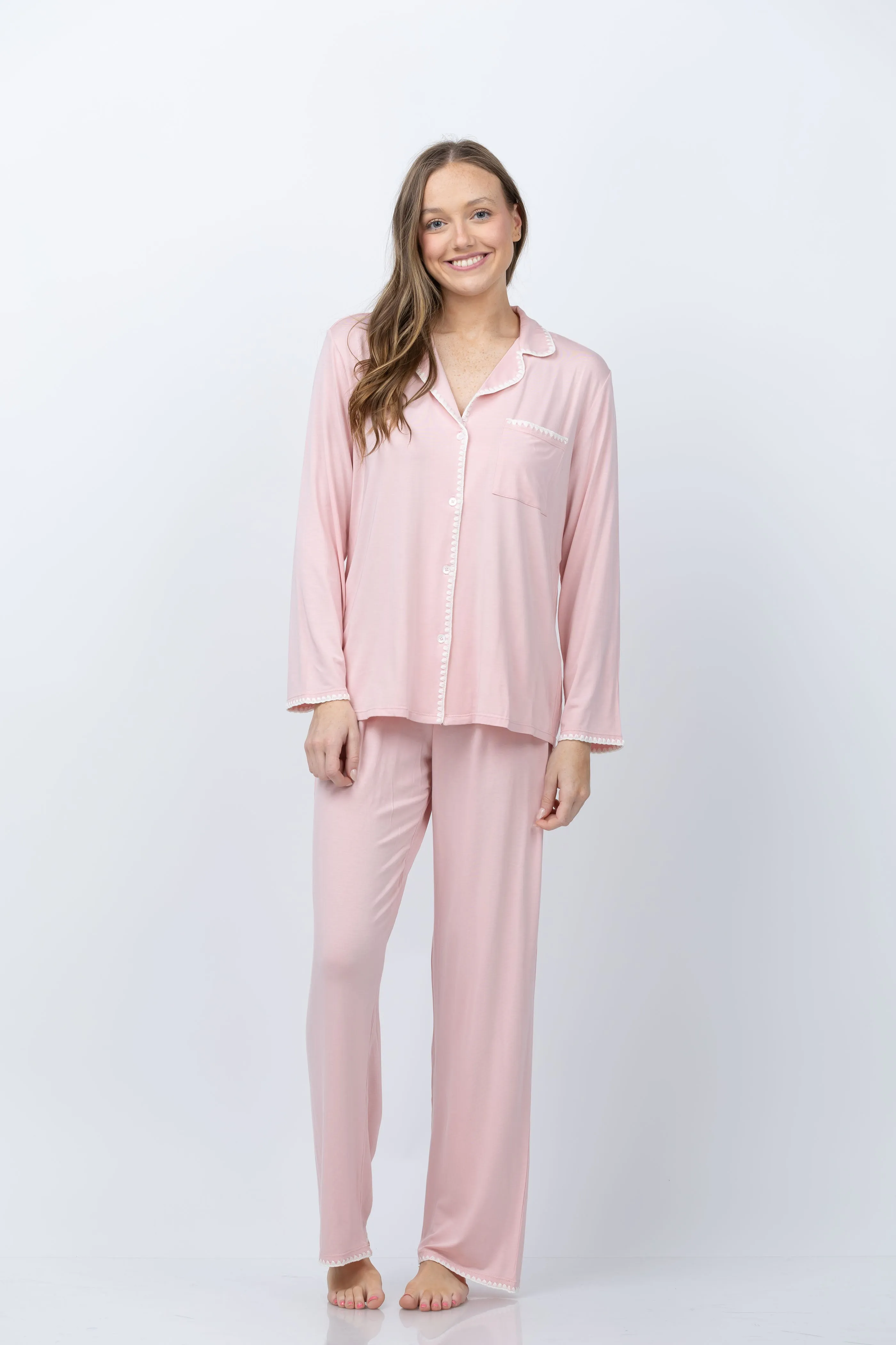 Eberjey Frida Long PJ Set in Silver Pink Ivory