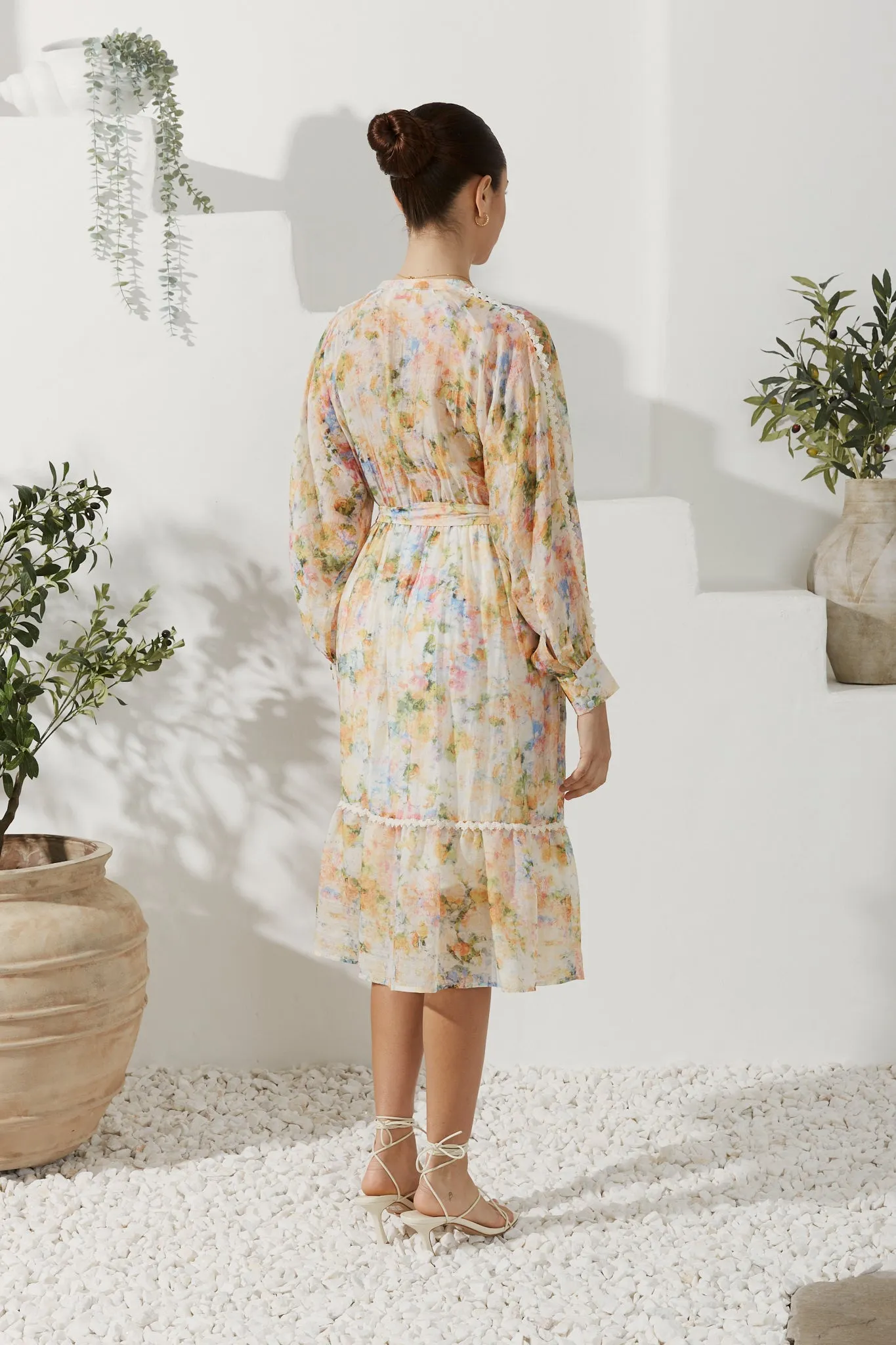 Elysia Yellow Floral Long Sleeve Midi Dress