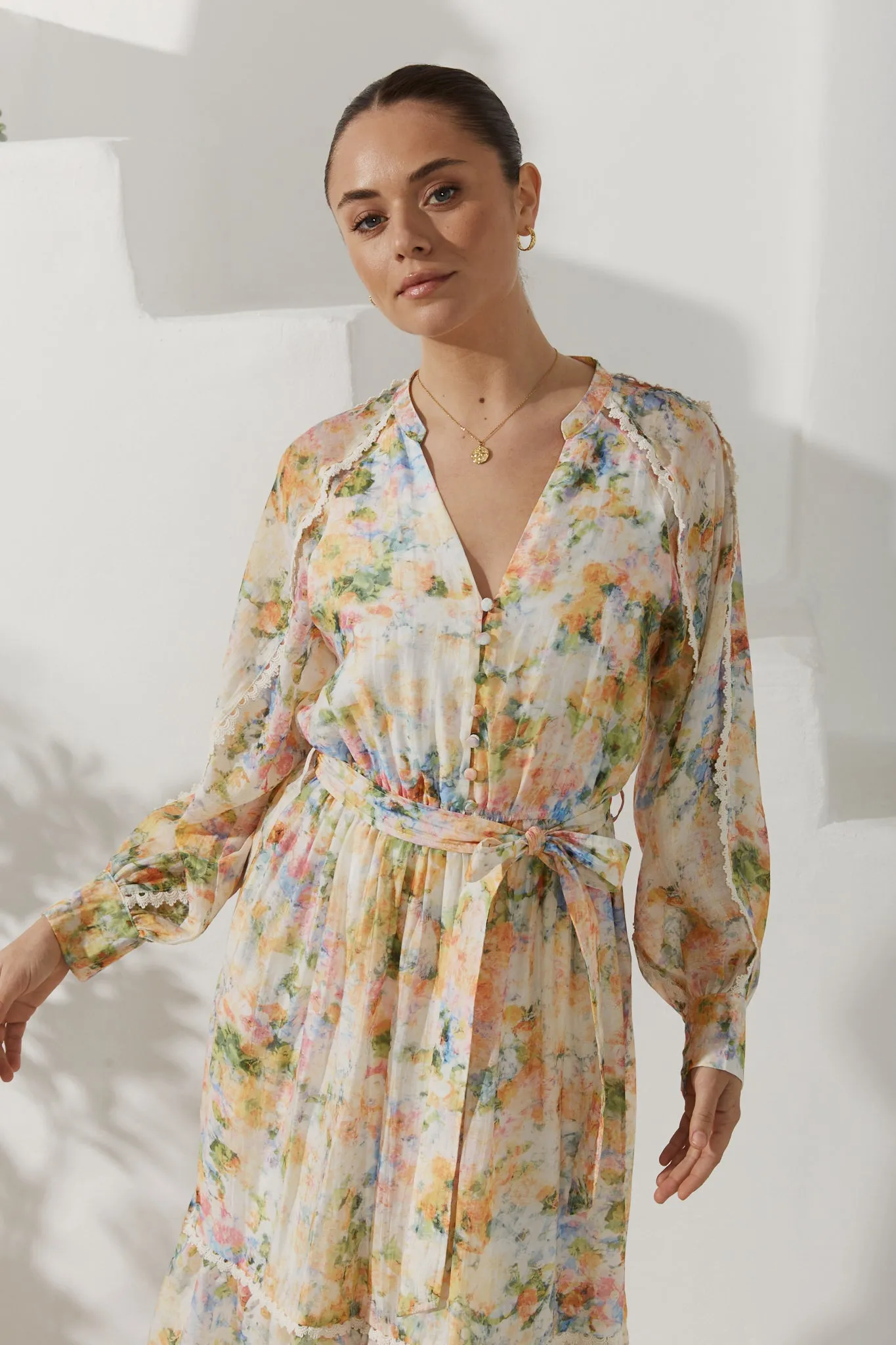 Elysia Yellow Floral Long Sleeve Midi Dress