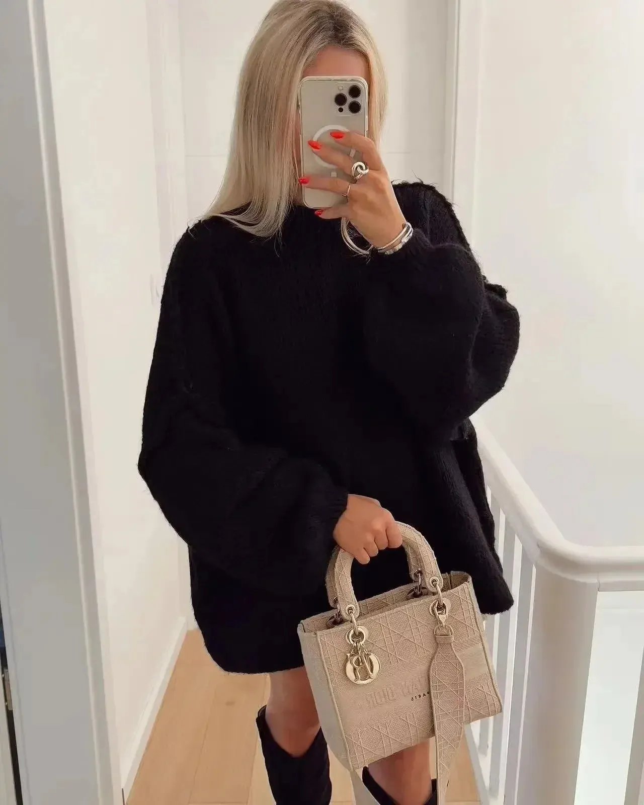 Fashion Round Neck Knitted Jumper For Women 2024 Autumn Long Lantern Sleeve Sweater Female Hight Street Warm Lady Chic Pullover