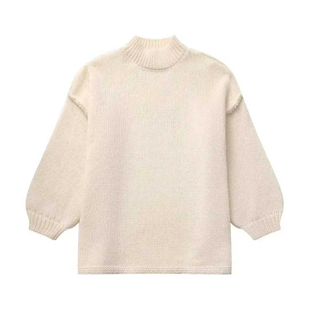 Fashion Round Neck Knitted Jumper For Women 2024 Autumn Long Lantern Sleeve Sweater Female Hight Street Warm Lady Chic Pullover