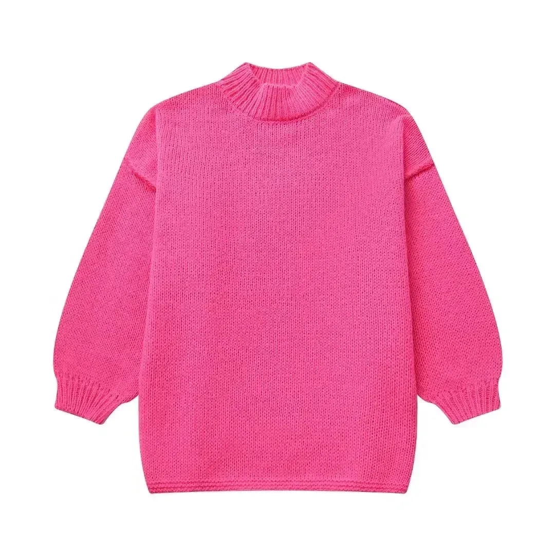 Fashion Round Neck Knitted Jumper For Women 2024 Autumn Long Lantern Sleeve Sweater Female Hight Street Warm Lady Chic Pullover