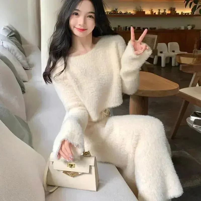 Fashionkova  Imitation Mink Fur Knitted Sweater Skirt Sets Temperament Round Neck Short Pullover Crop Top High Waist Bodycon Suit