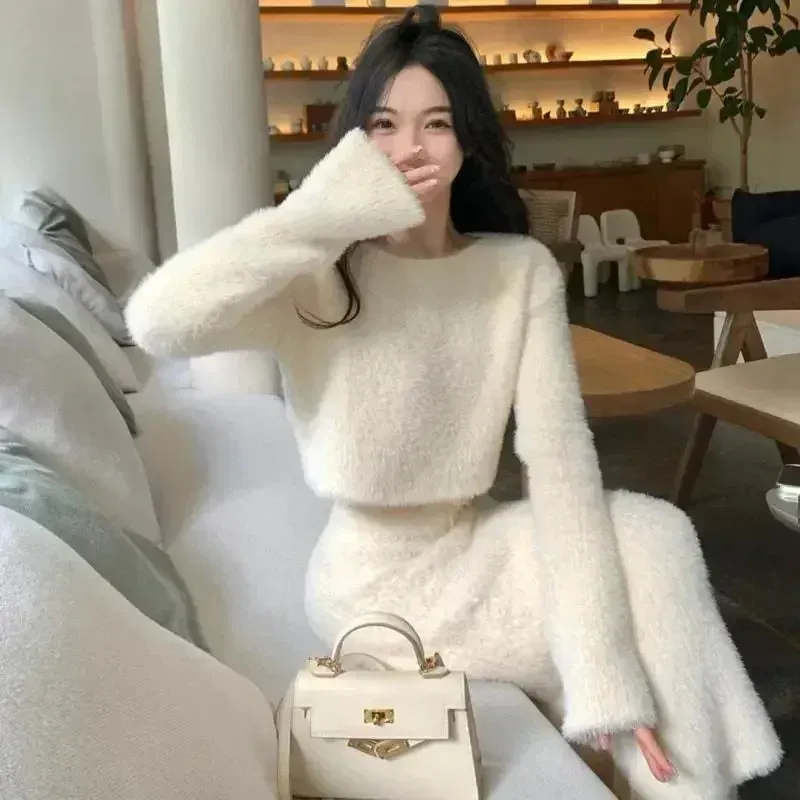 Fashionkova  Imitation Mink Fur Knitted Sweater Skirt Sets Temperament Round Neck Short Pullover Crop Top High Waist Bodycon Suit