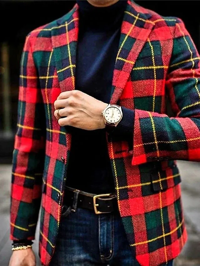 Festive Men's Red Tartan Plaid Blazer Suit Jacket