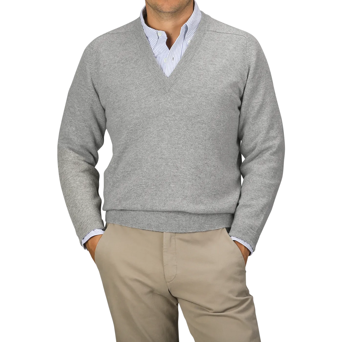 Flannel Grey Deep V-Neck Lambswool Sweater