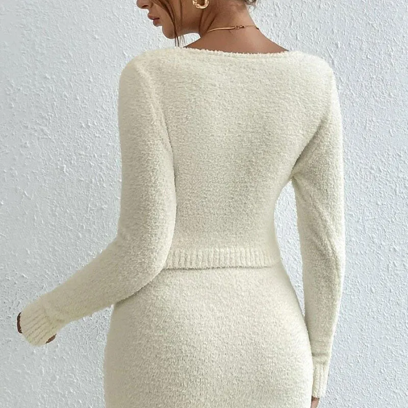 Fluffy Long Sleeve Wrap Front Crop Sweater and Mini Knit Skirt Matching Set