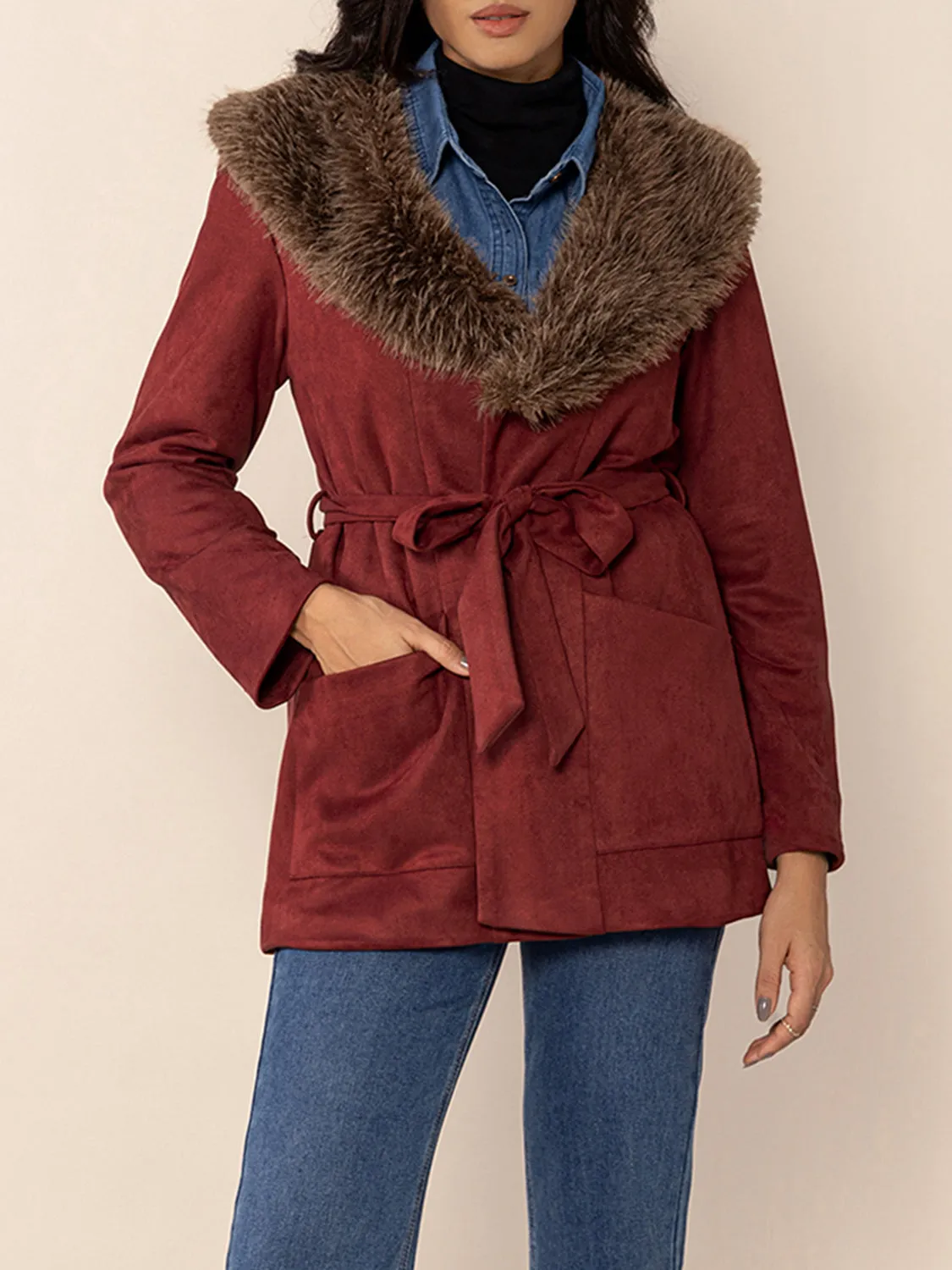 Fuzzy Collared Neck Tie Waist Jacket