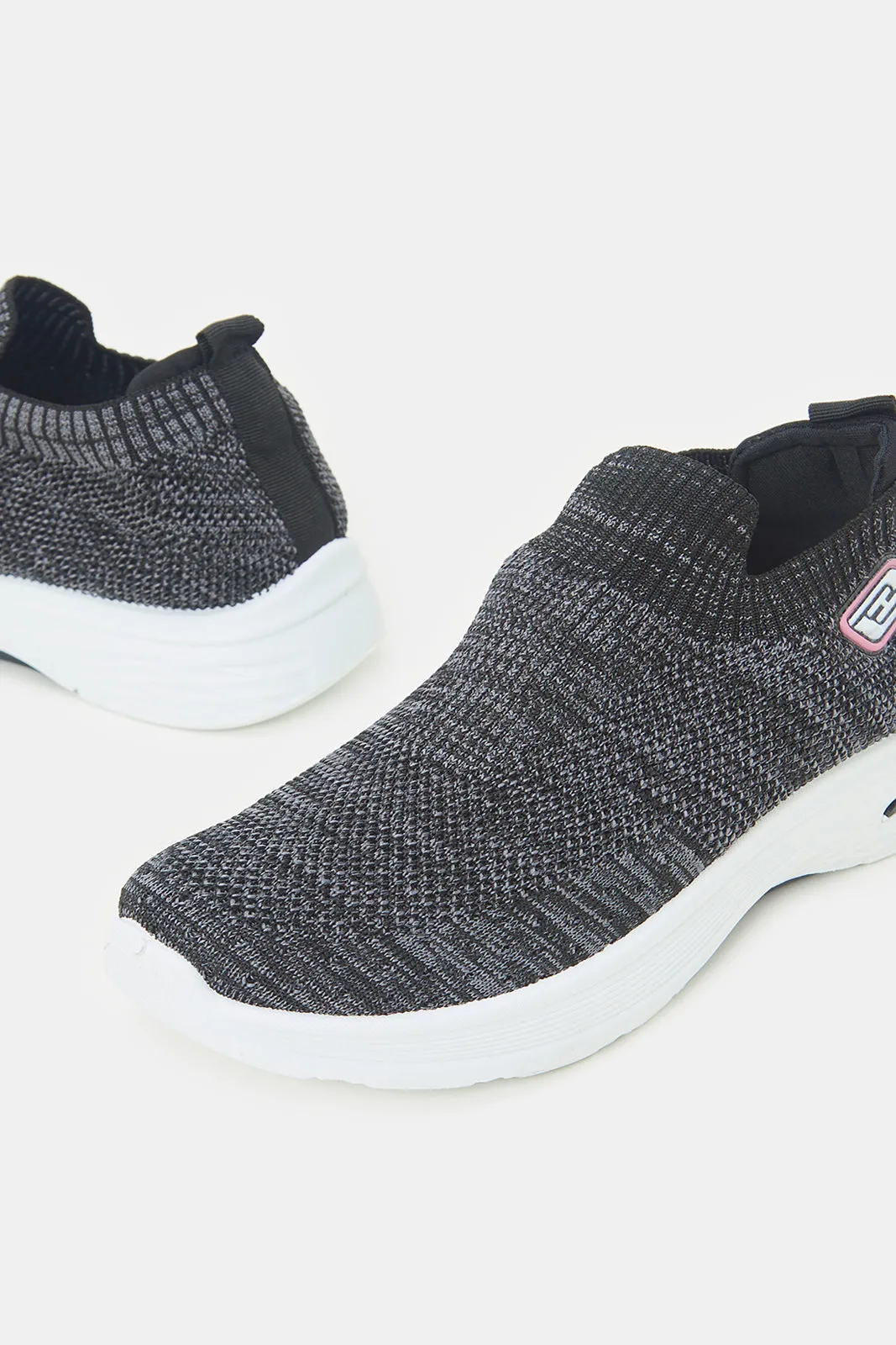 Girls Black Textured Slip-On Sneakers