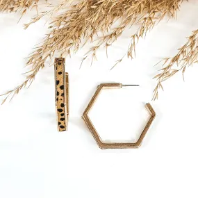 Gold hexagon Hoops with Cow Hide Inlay in Brown Dotted