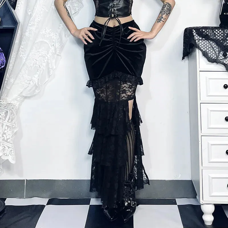 Gothic Velvet Fishtail Multi-Layer Splicing High Waist Lace Skirt