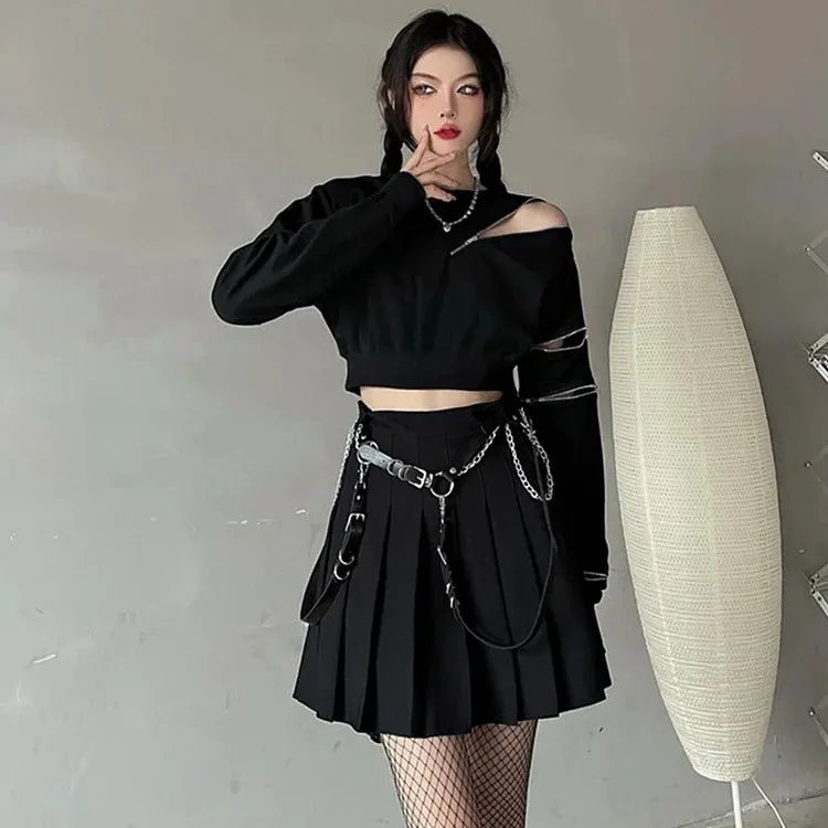 Gothic Zipper Crop Sweatshirt and Pleated Skirt Set - Street Fashion