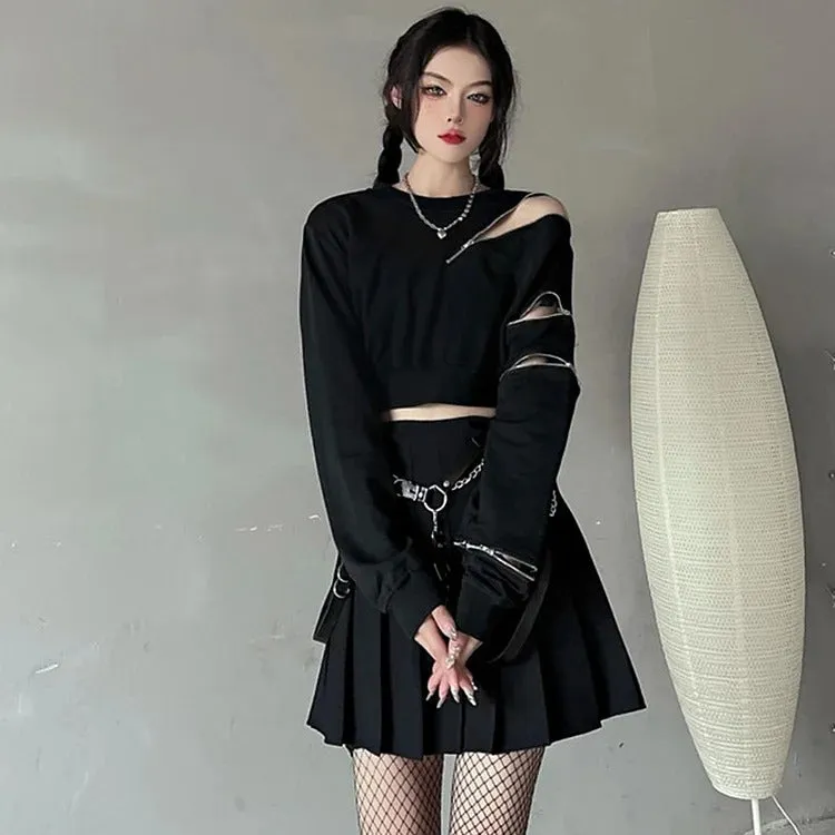 Gothic Zipper Crop Sweatshirt and Pleated Skirt Set - Street Fashion