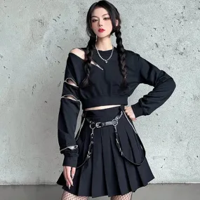 Gothic Zipper Crop Sweatshirt and Pleated Skirt Set - Street Fashion