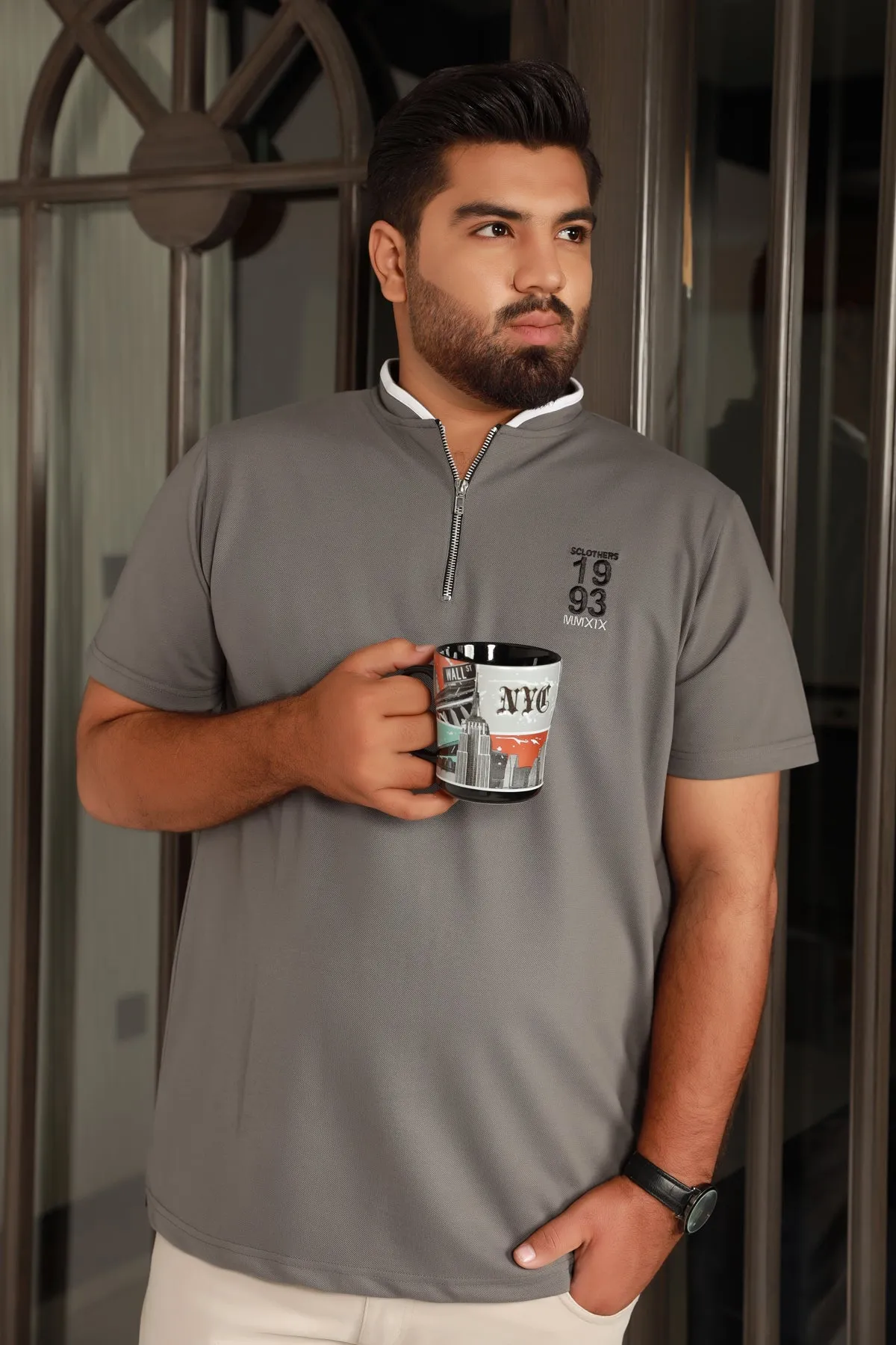 Gray Henley Collar Polo Shirt (Plus Size) - S22 - MP0086P