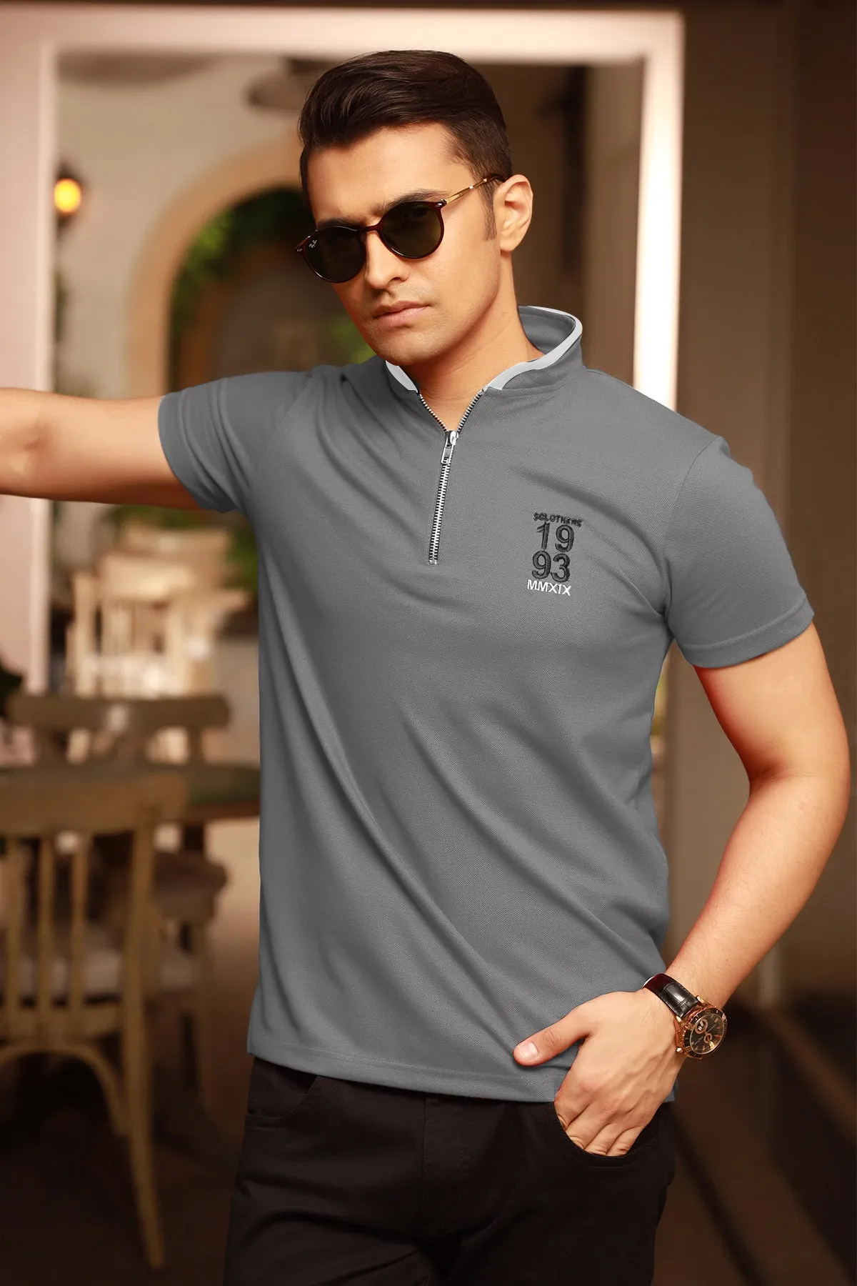 Gray Henley Collar Polo Shirt - S22 - MP0086R