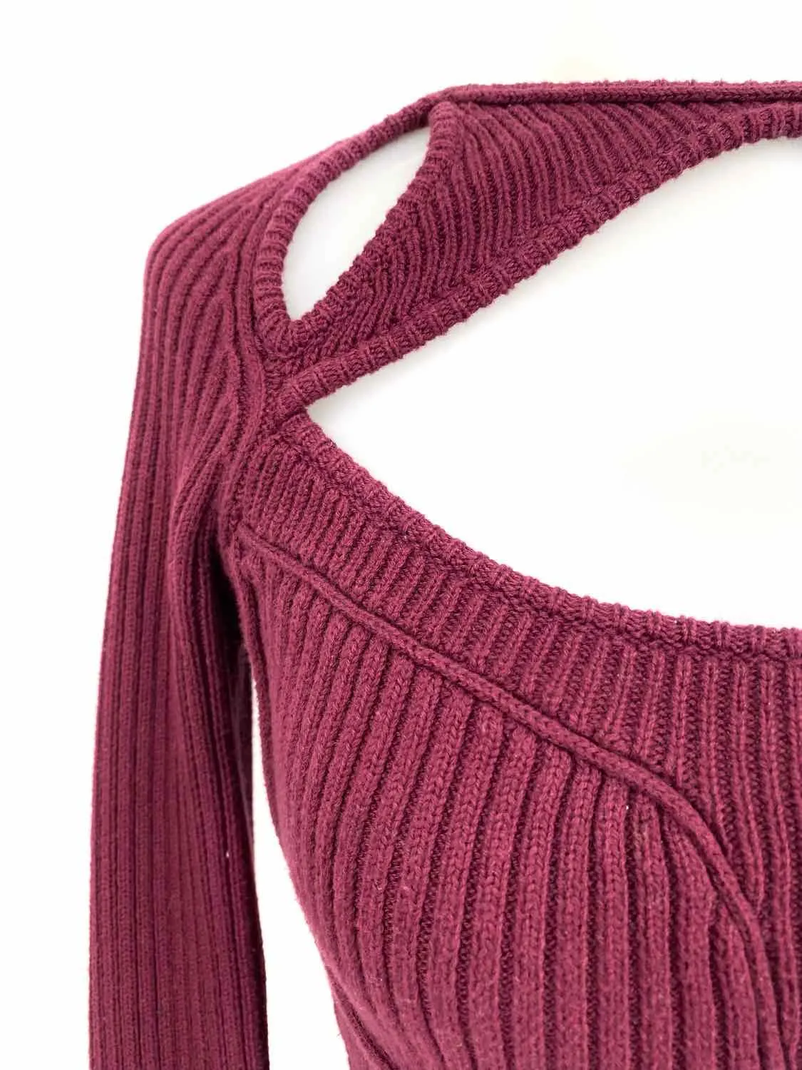 Guizio Women's Burgundy Crop Knit Cotton Cut Out Size S Sweater