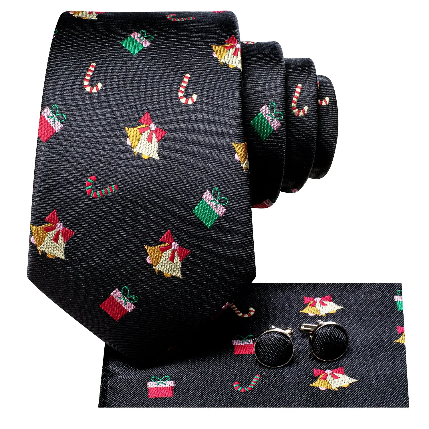 Hi-Tie Black Colorful Christmas Gift Tie Pocket Square Cufflinks Set