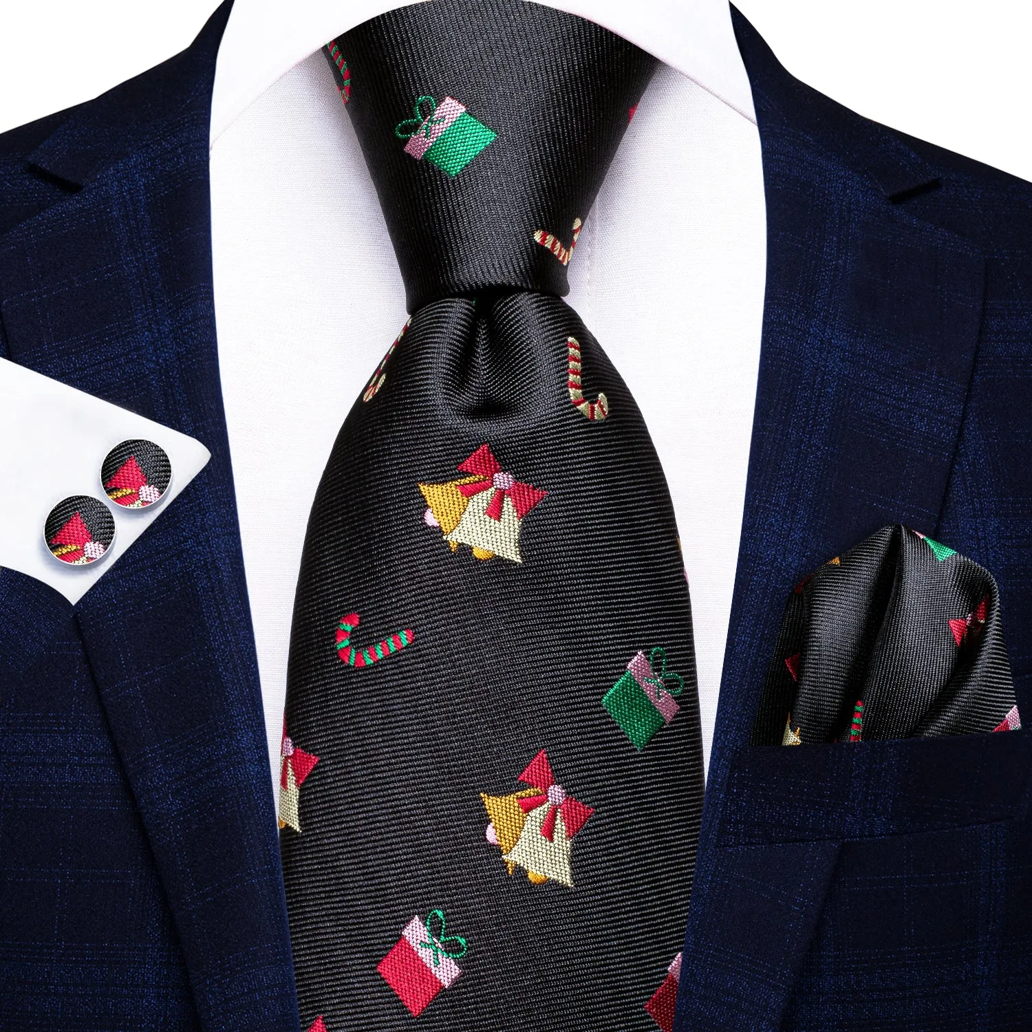 Hi-Tie Black Colorful Christmas Gift Tie Pocket Square Cufflinks Set