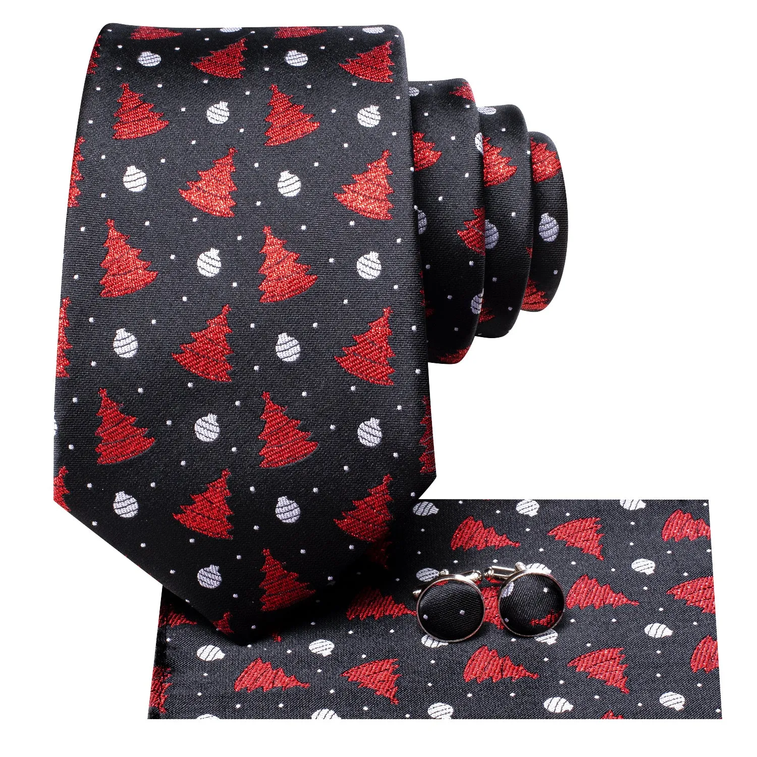 Hi-Tie Black Red Christmas Tree Necktie Pocket Square Cufflinks Set