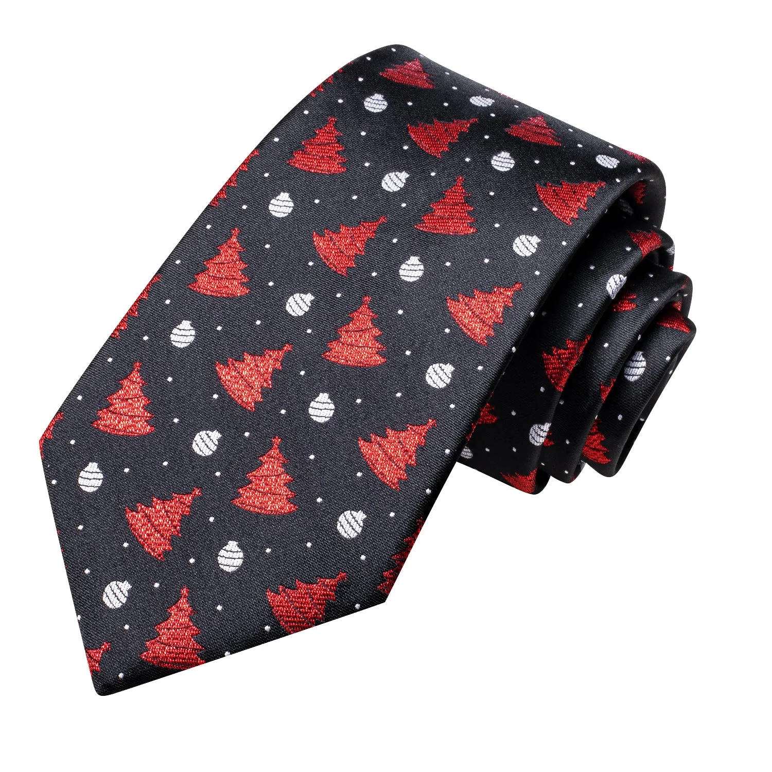 Hi-Tie Black Red Christmas Tree Necktie Pocket Square Cufflinks Set