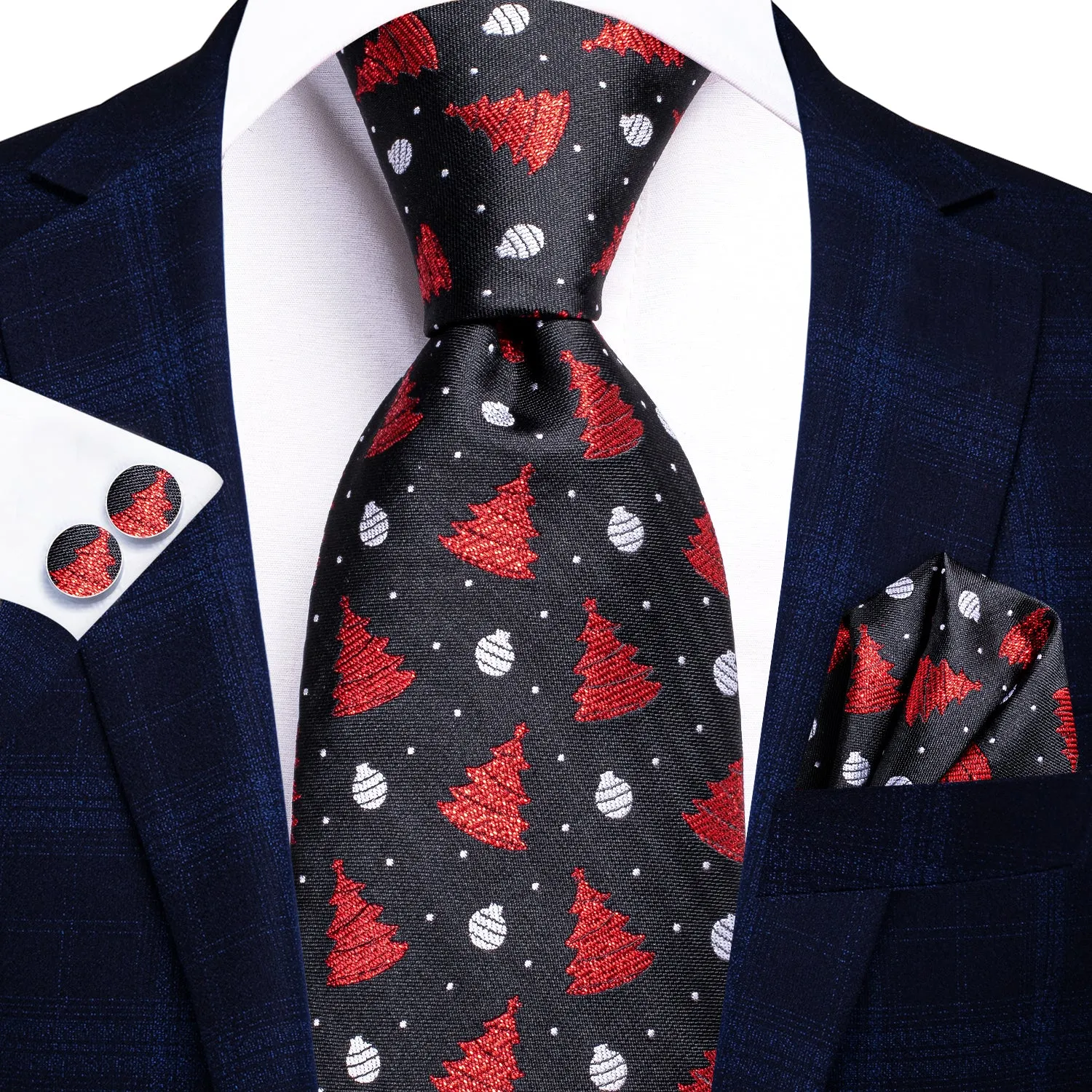 Hi-Tie Black Red Christmas Tree Necktie Pocket Square Cufflinks Set