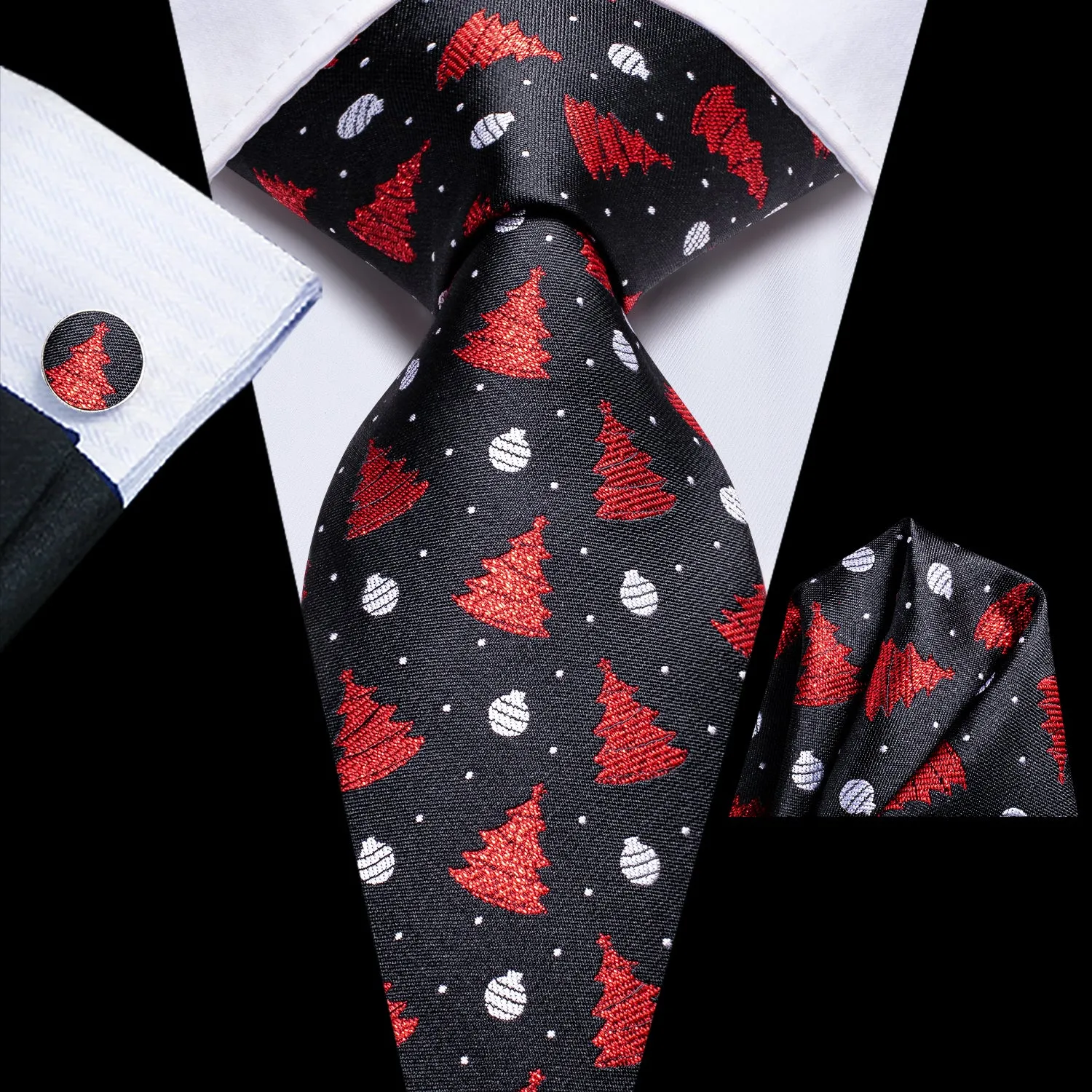 Hi-Tie Black Red Christmas Tree Necktie Pocket Square Cufflinks Set