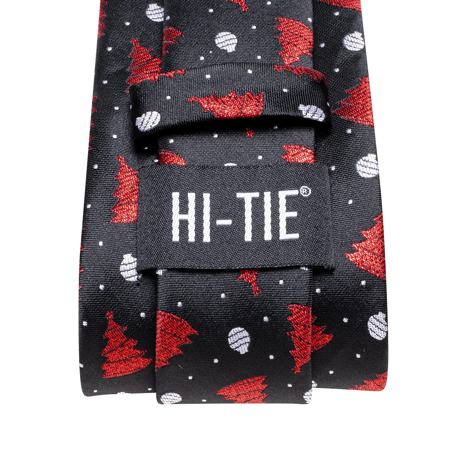 Hi-Tie Black Red Christmas Tree Necktie Pocket Square Cufflinks Set