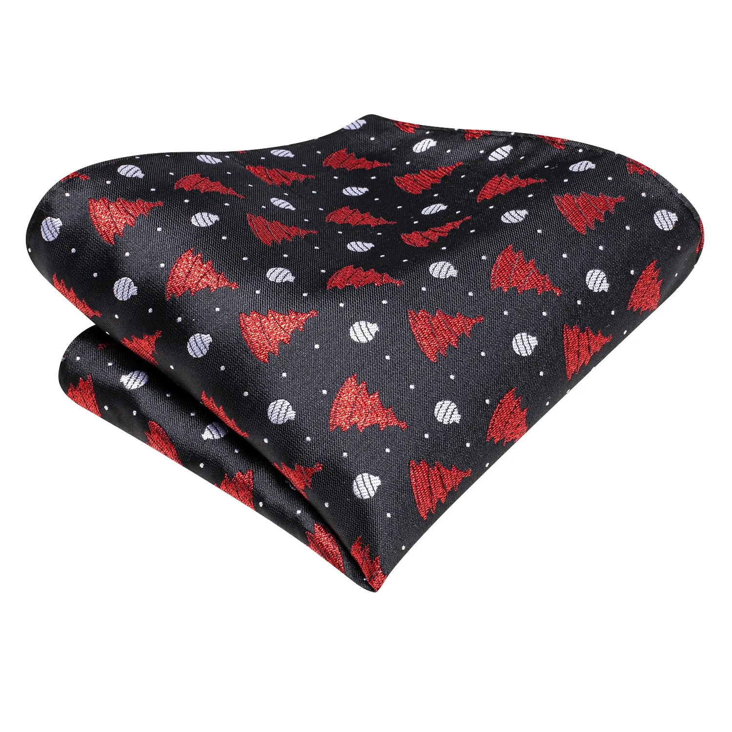 Hi-Tie Black Red Christmas Tree Necktie Pocket Square Cufflinks Set