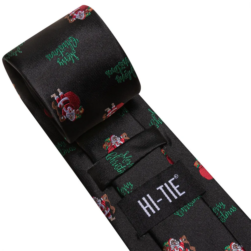 Hi-Tie Black Red Santa Christmas Designer Silk Necktie Set