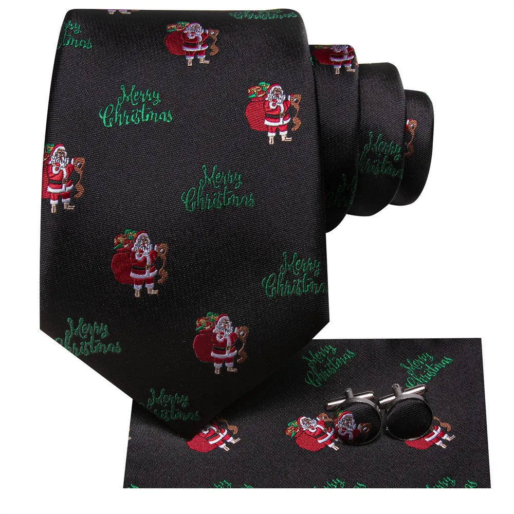 Hi-Tie Black Red Santa Christmas Designer Silk Necktie Set