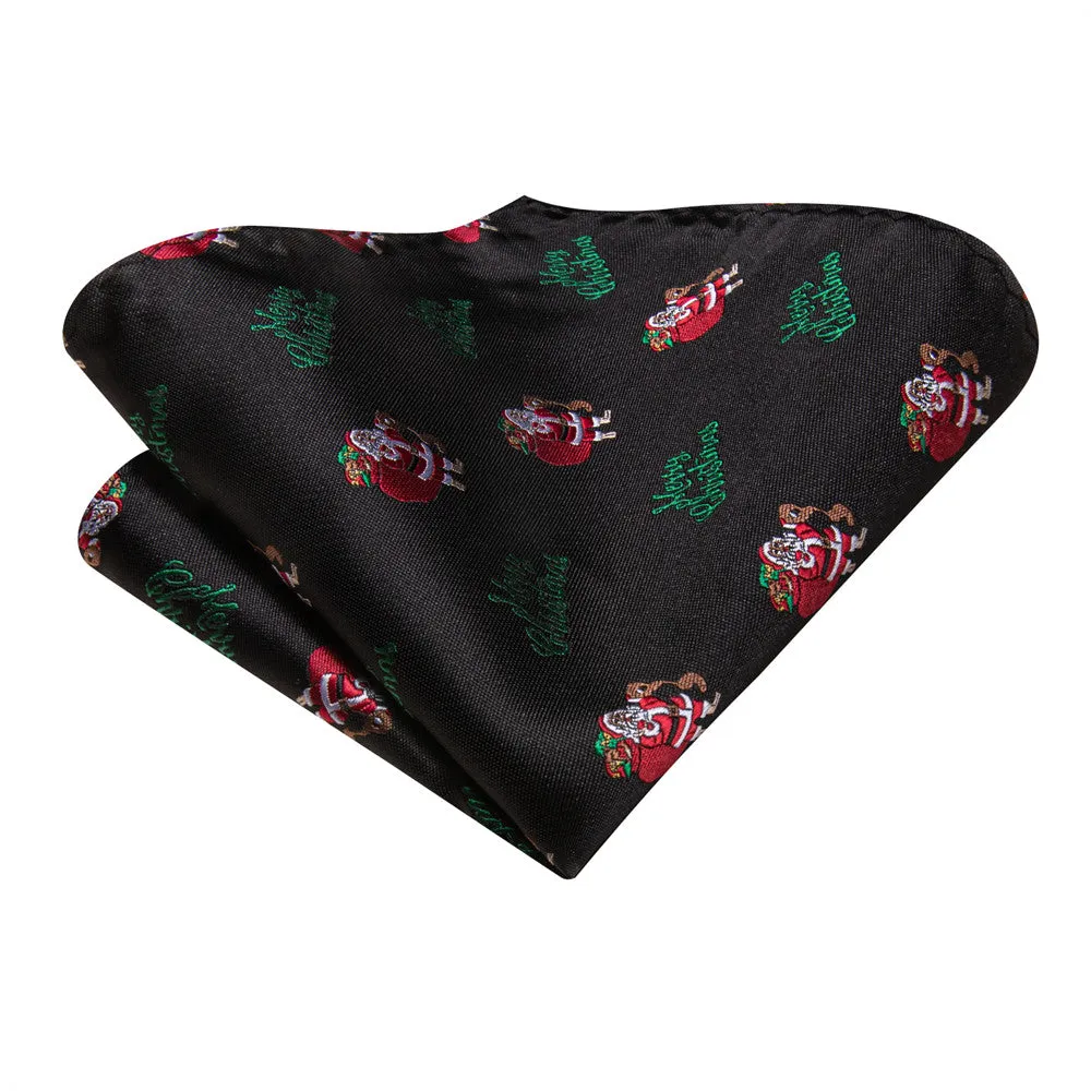 Hi-Tie Black Red Santa Christmas Designer Silk Necktie Set