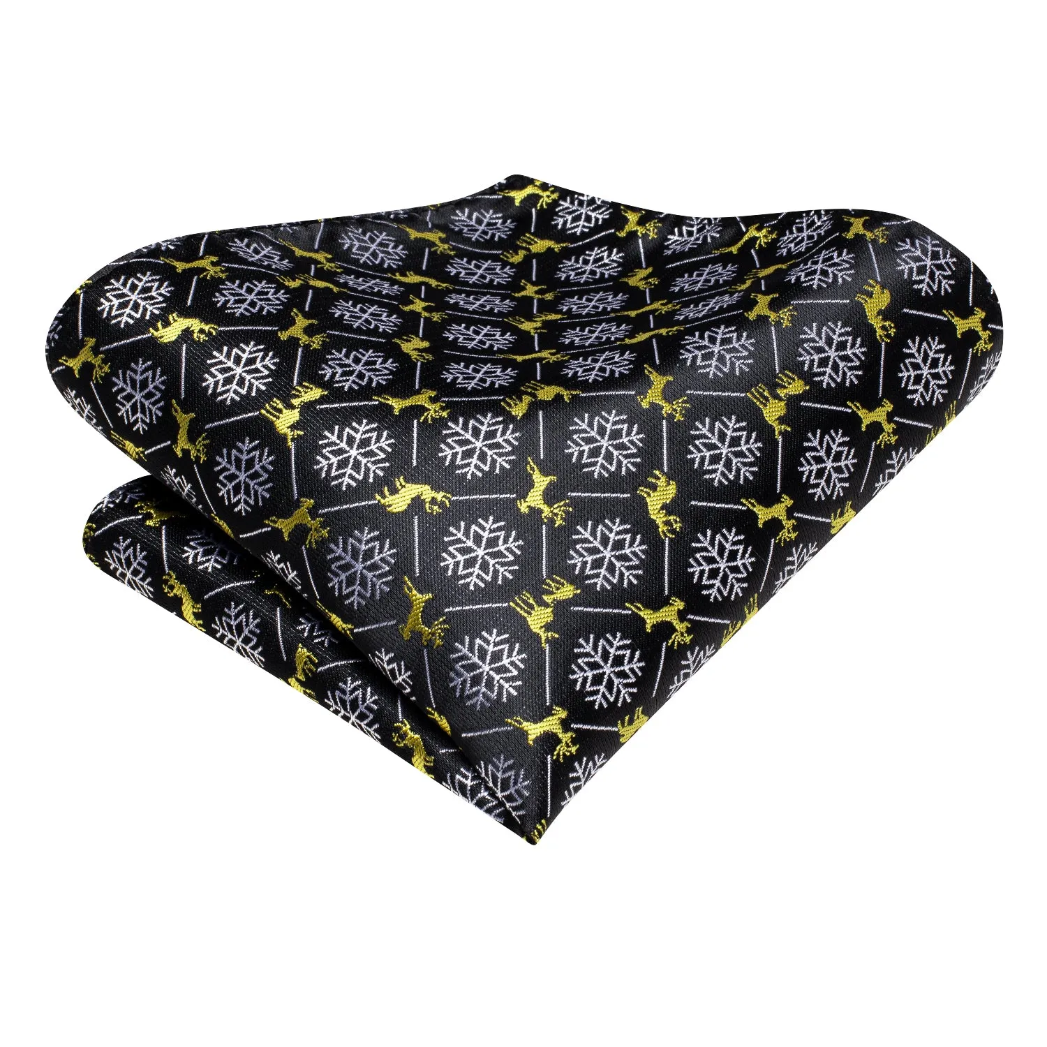 Hi-Tie Black White Snow with Yellow Elk Christmas Necktie Pocket Square Cufflinks Set