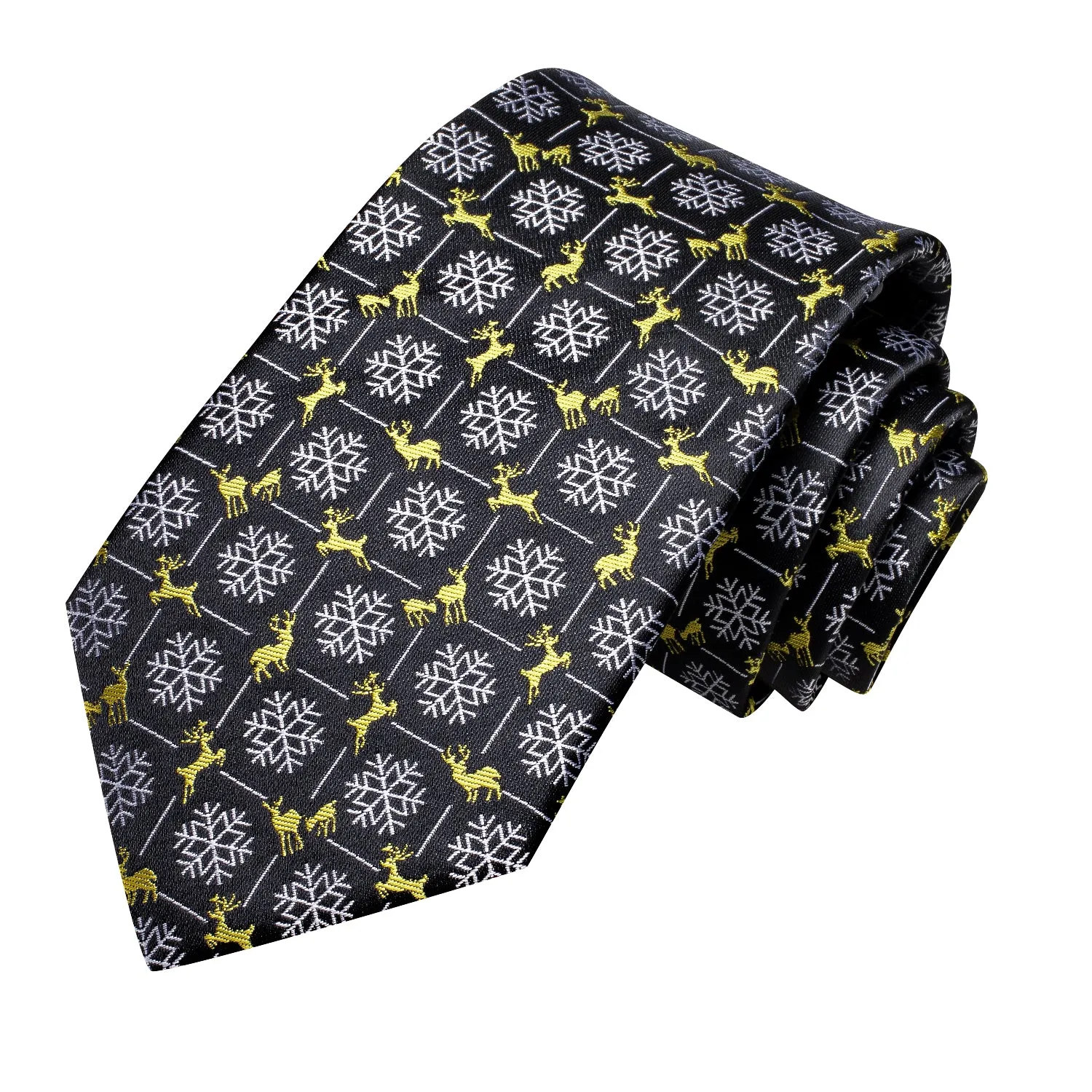 Hi-Tie Black White Snow with Yellow Elk Christmas Necktie Pocket Square Cufflinks Set