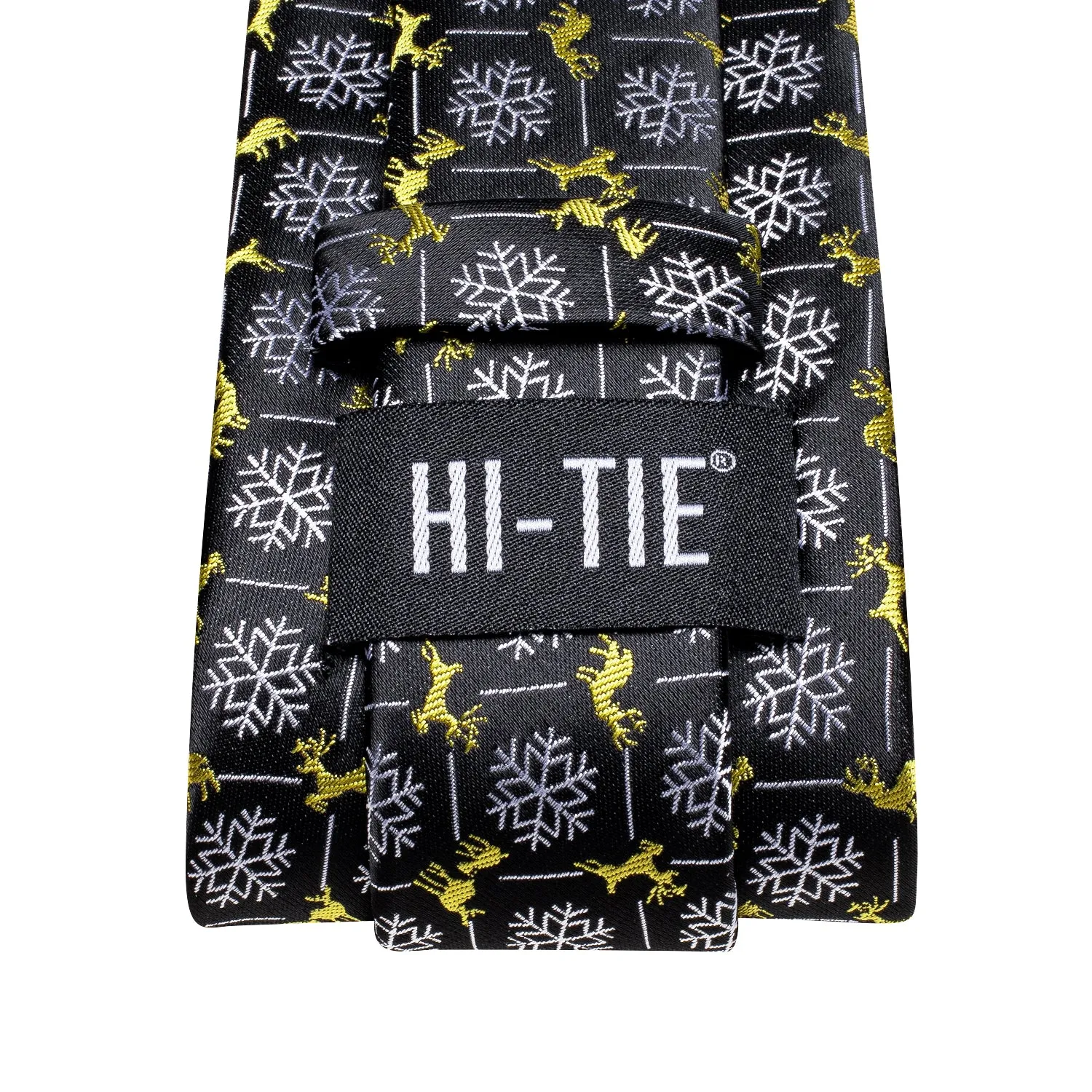 Hi-Tie Black White Snow with Yellow Elk Christmas Necktie Pocket Square Cufflinks Set