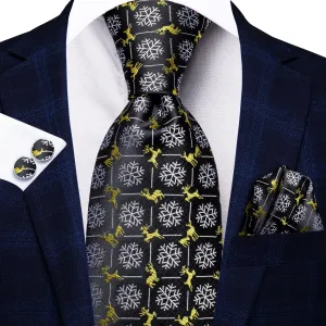 Hi-Tie Black White Snow with Yellow Elk Christmas Necktie Pocket Square Cufflinks Set