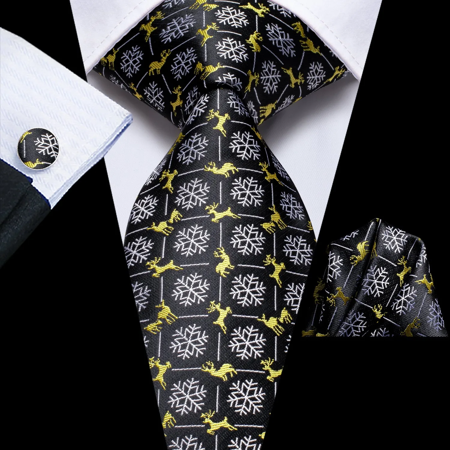 Hi-Tie Black White Snow with Yellow Elk Christmas Necktie Pocket Square Cufflinks Set