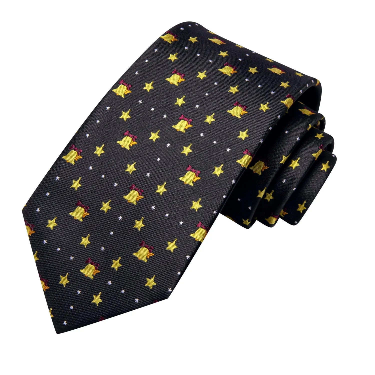 Hi-Tie Black Yellow Christmas Bell Men Tie Pocket Square Cufflinks Set