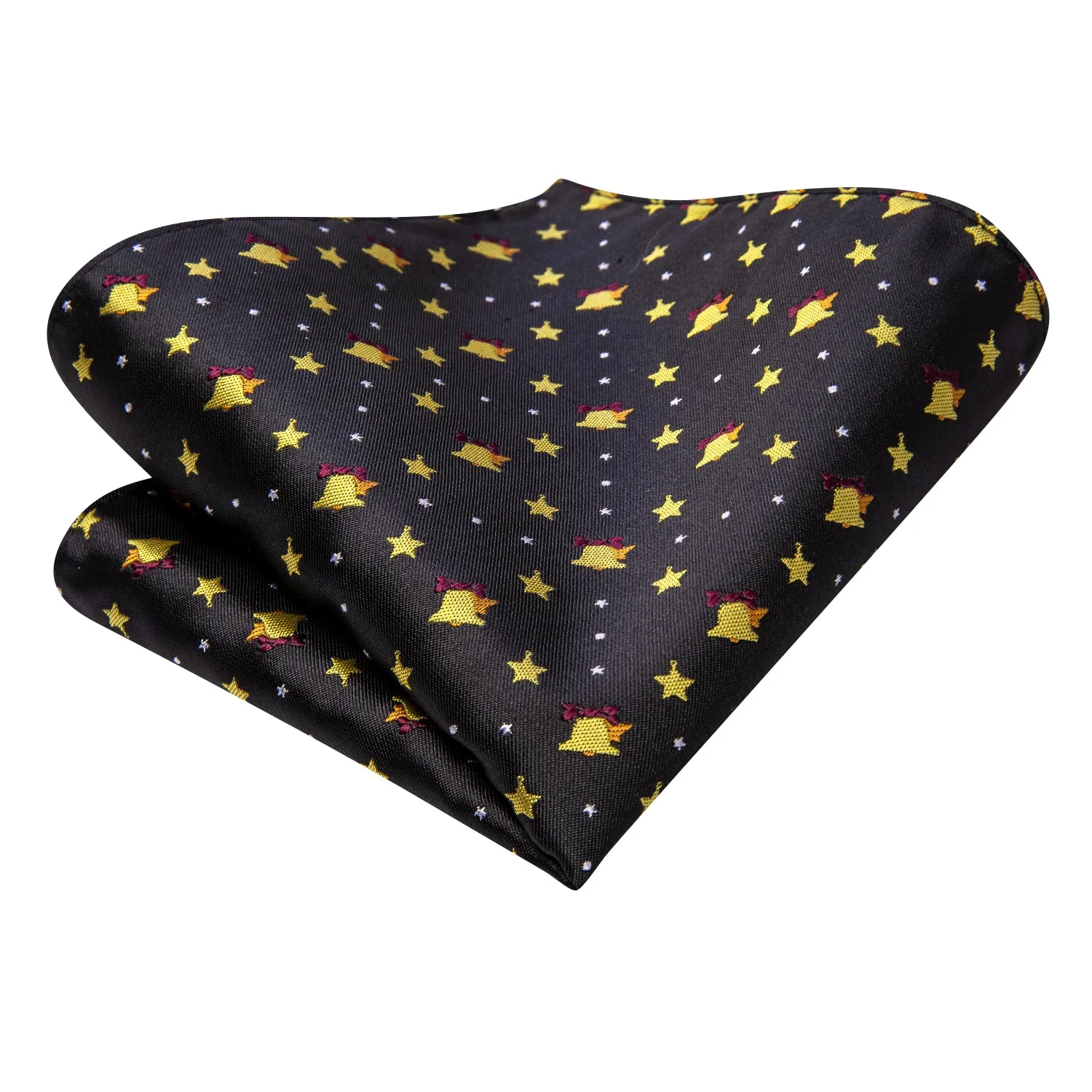 Hi-Tie Black Yellow Christmas Bell Men Tie Pocket Square Cufflinks Set