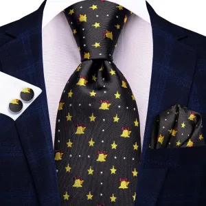 Hi-Tie Black Yellow Christmas Bell Men Tie Pocket Square Cufflinks Set