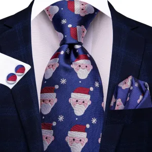 Hi-Tie Blue Christmas Snowmen Men's Tie Pocket Square Cufflinks Set