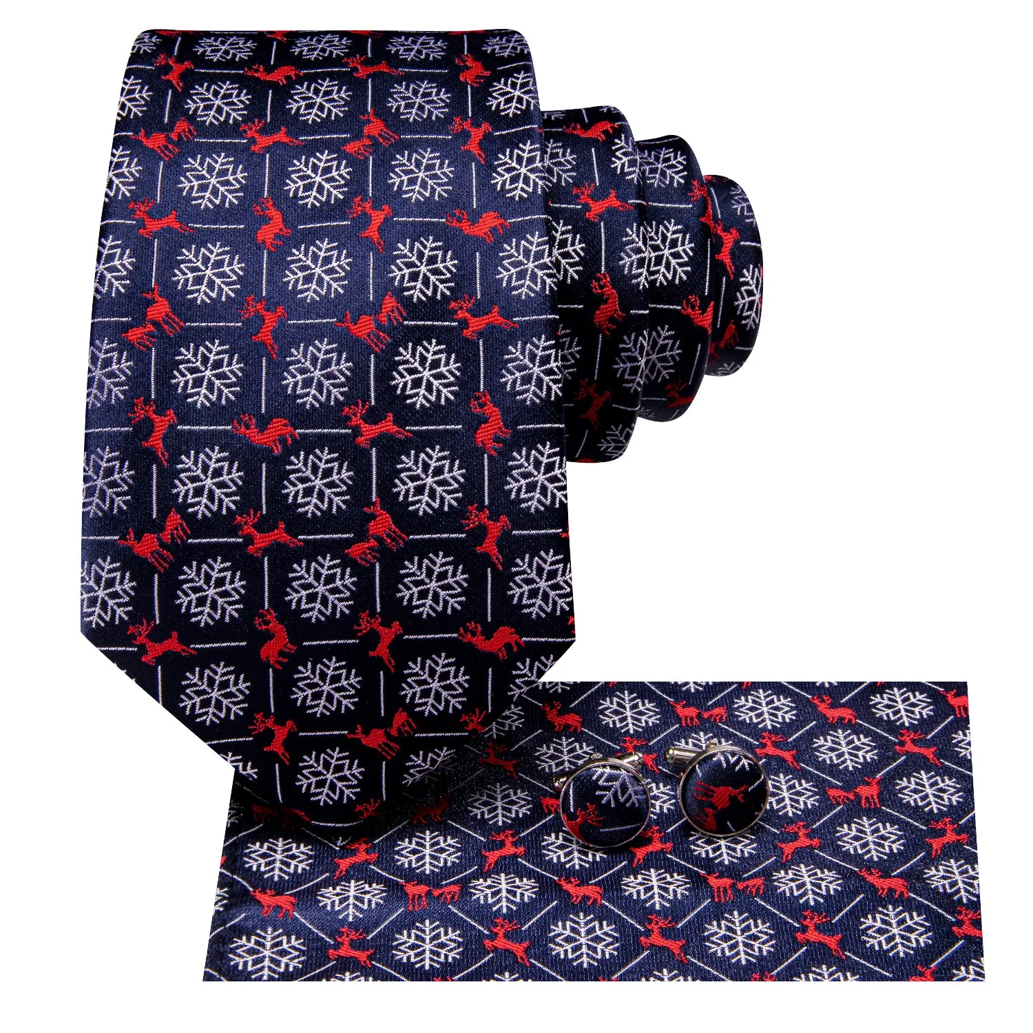 Hi-Tie Blue Necktie White Snowflakes Mens Silk Tie Hanky Cufflinks Set