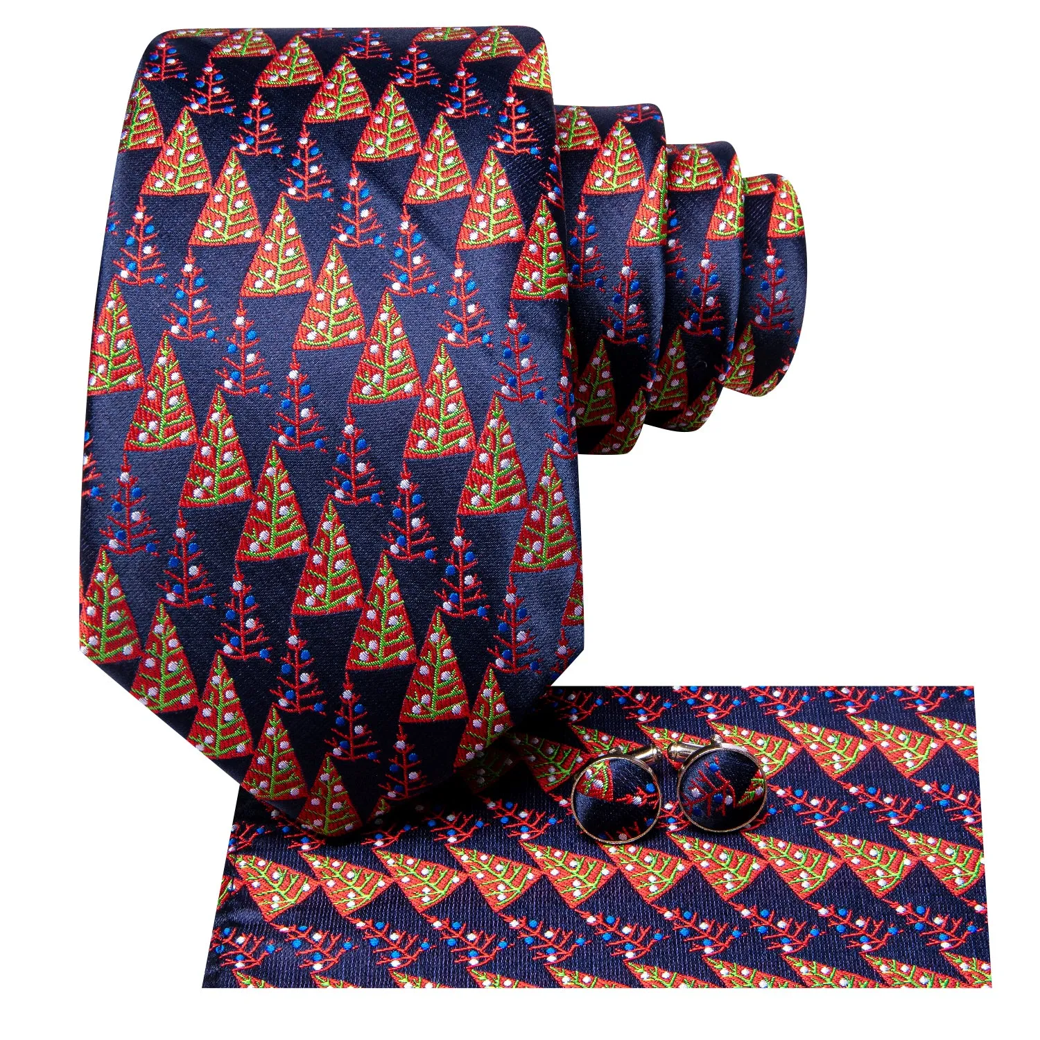 Hi-Tie Blue Red Christmas Tree Men's Tie Pocket Square Cufflinks Set