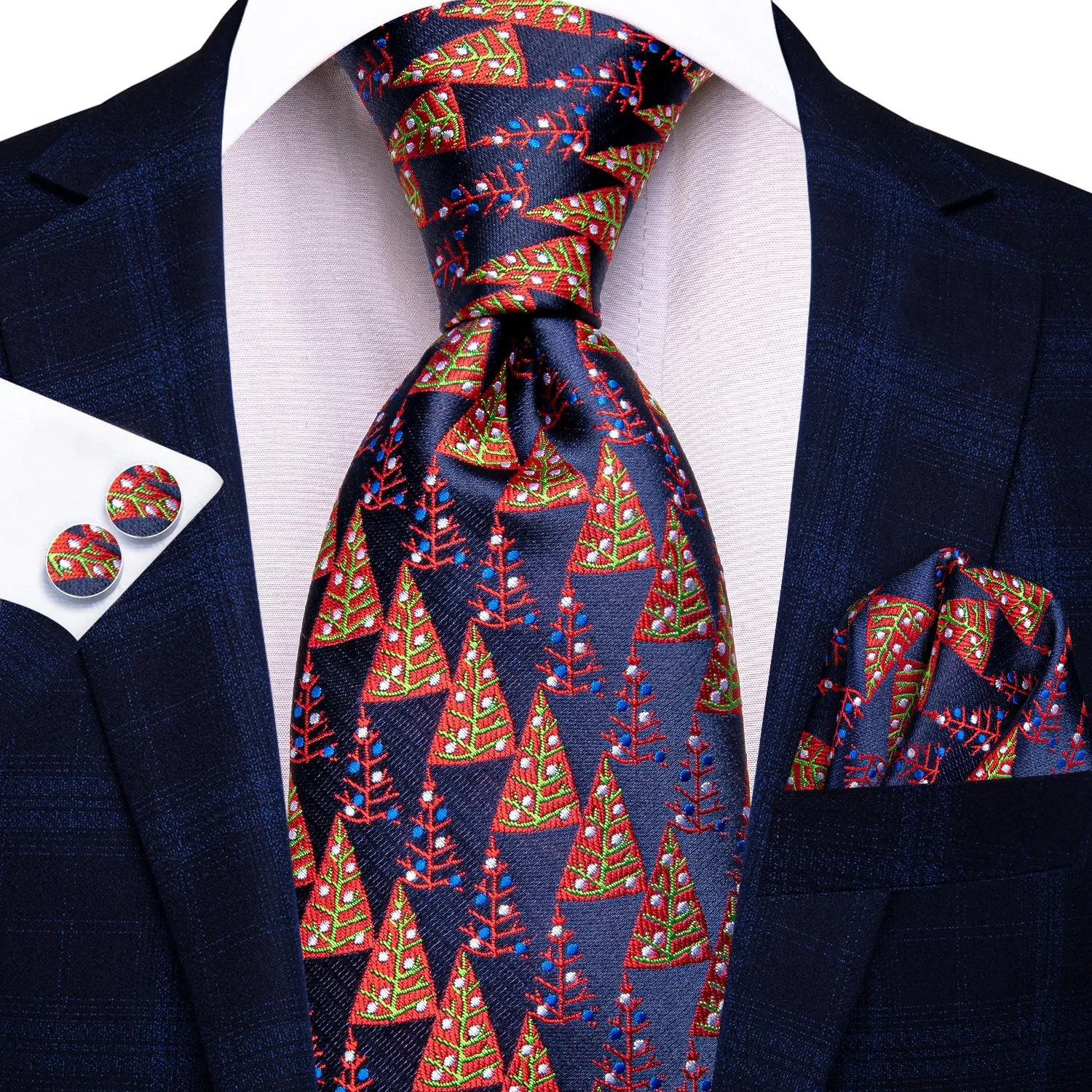 Hi-Tie Blue Red Christmas Tree Men's Tie Pocket Square Cufflinks Set