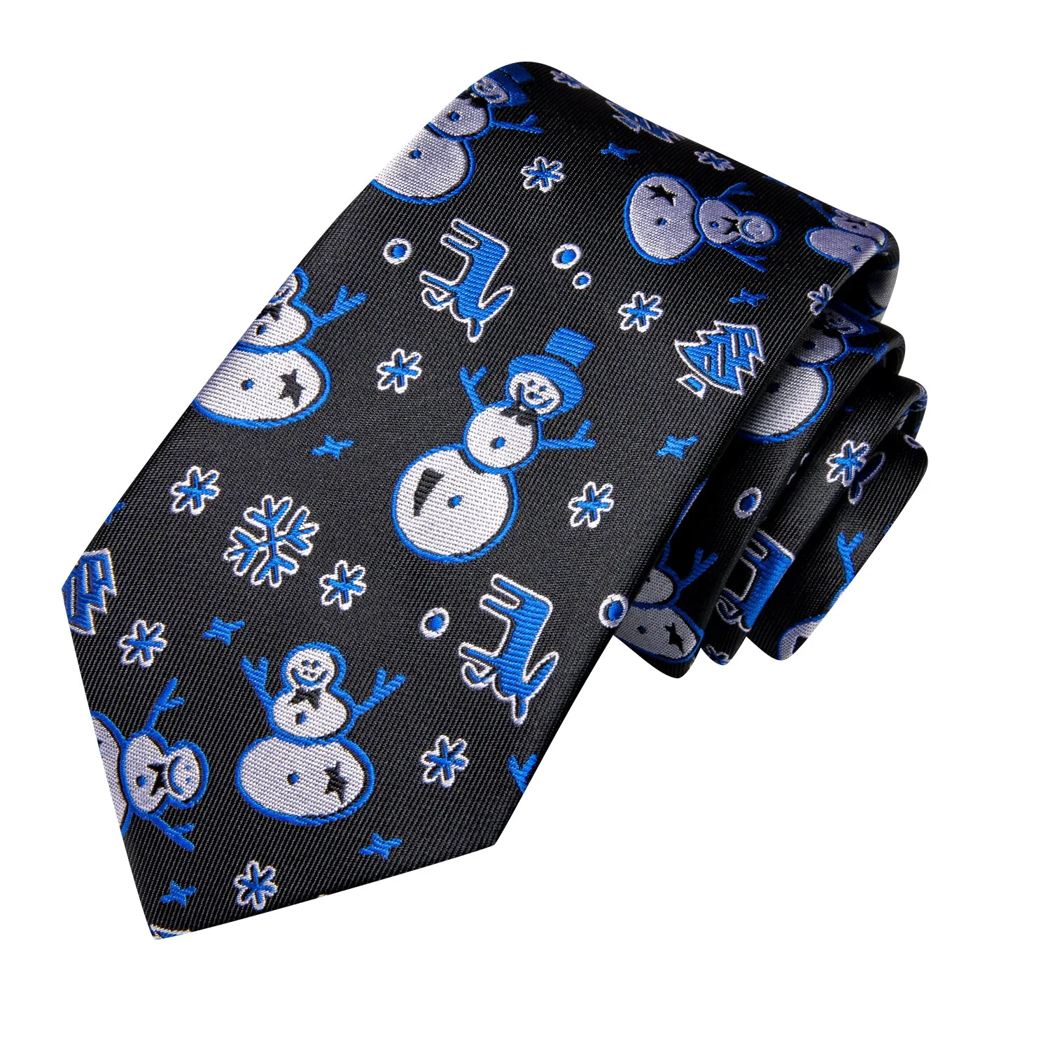 Hi-Tie Christmas Black Blue Snowmen Tie Pocket Square Cufflinks Set