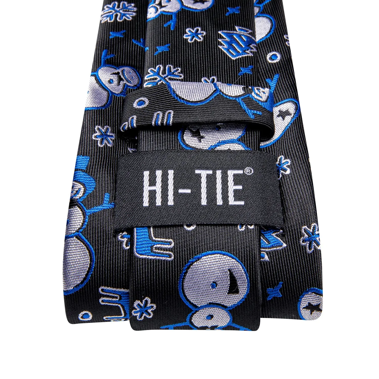 Hi-Tie Christmas Black Blue Snowmen Tie Pocket Square Cufflinks Set